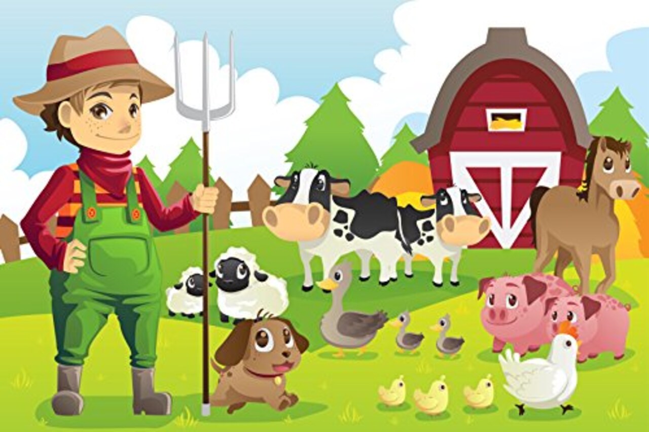 Child Farmer with Farm Animals Edible Icing Image for 1/4 sheet cake